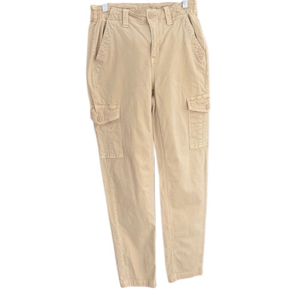 American Eagle Outfitters Tan Khaki Cargo Pants, elastic side waist, size 2.
